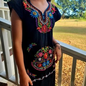 Traditional Mexican Embroidered Floral Dress - S